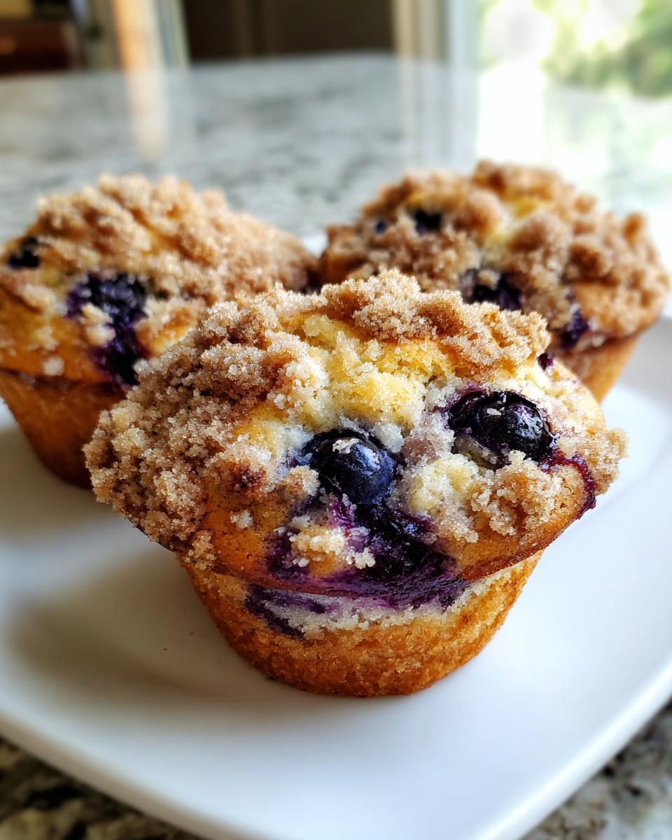 Three delicious blueberry muffins with a thick, sugary crumb topping resting on a white plate.
