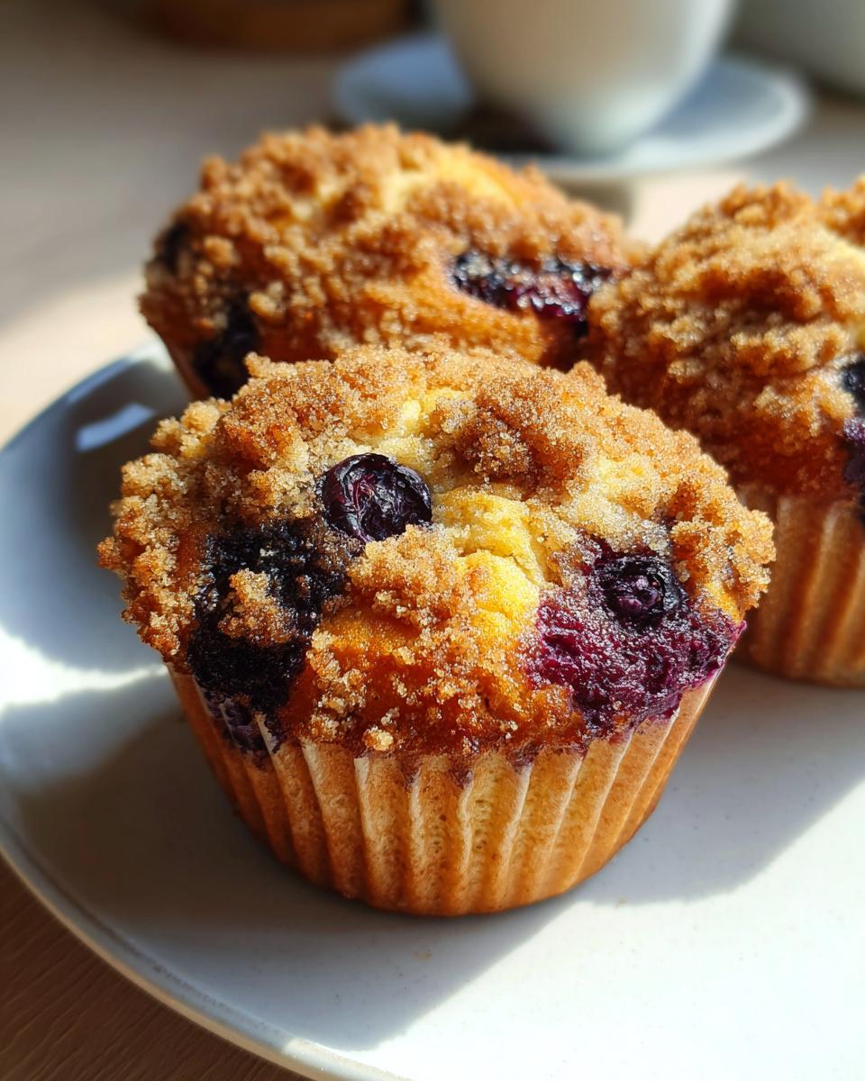 Close-up of a freshly baked blueberry muffin with a thick, sugary crumb topping, showing visible blueberries.