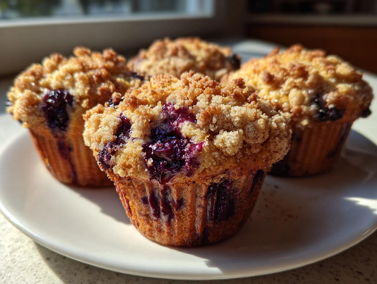Four freshly baked blueberry muffins with a golden crumb topping sitting on a white plate.