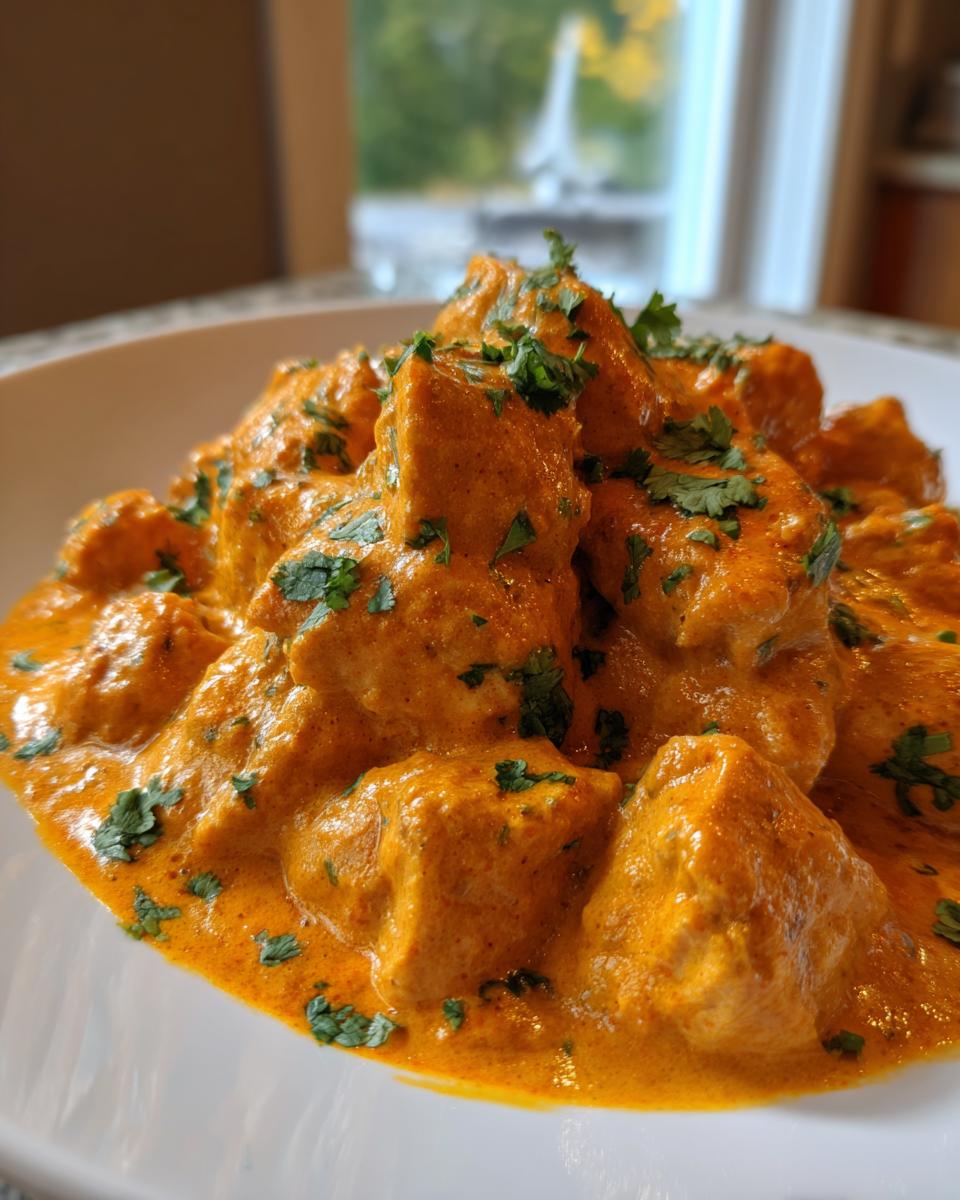 Close-up of tender chicken pieces coated in a rich, orange-hued creamy sauce, garnished with fresh cilantro, ready to serve as butter chicken.