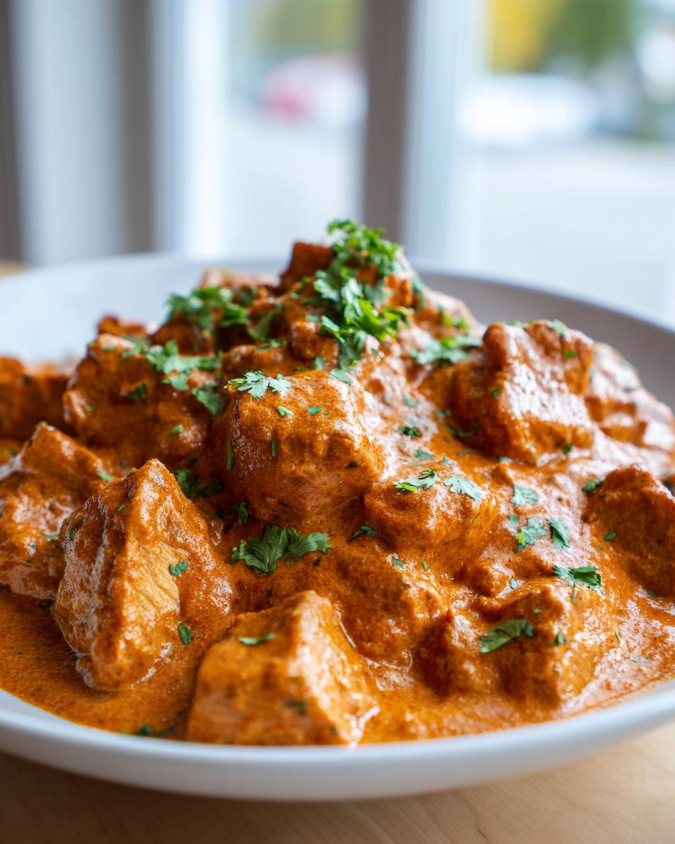 Close-up shot of tender chicken pieces smothered in rich, orange-red sauce, garnished with fresh cilantro, representing delicious butter chicken.