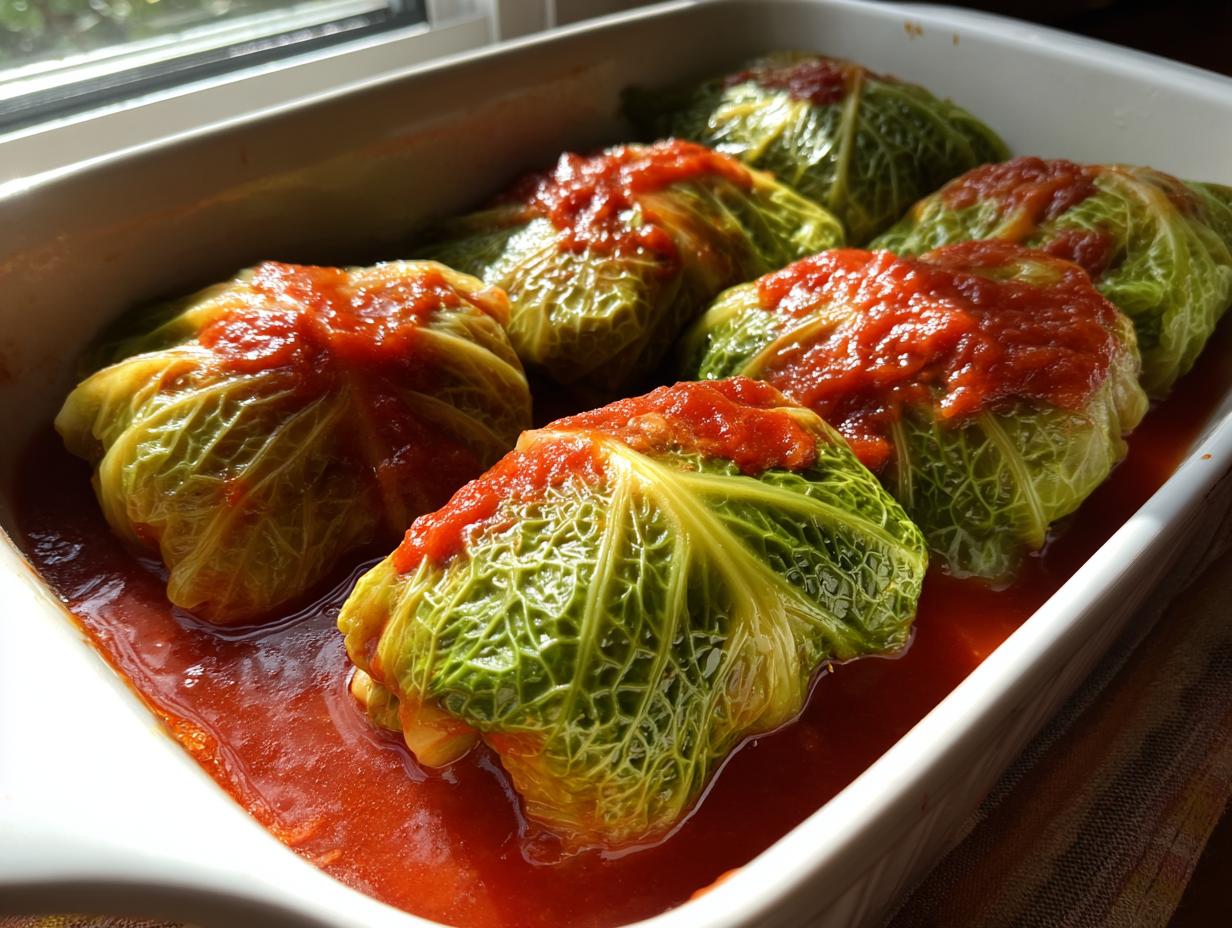 Five homemade cabbage rolls simmering in a bright red tomato sauce in a white baking dish.