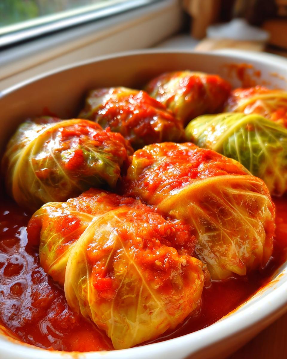 Close-up of several plump cabbage rolls covered in rich tomato sauce in a white baking dish.