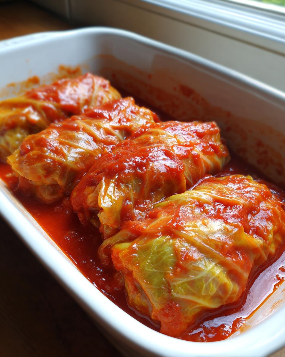Four homemade cabbage rolls simmering in a bright red tomato sauce inside a white baking dish.