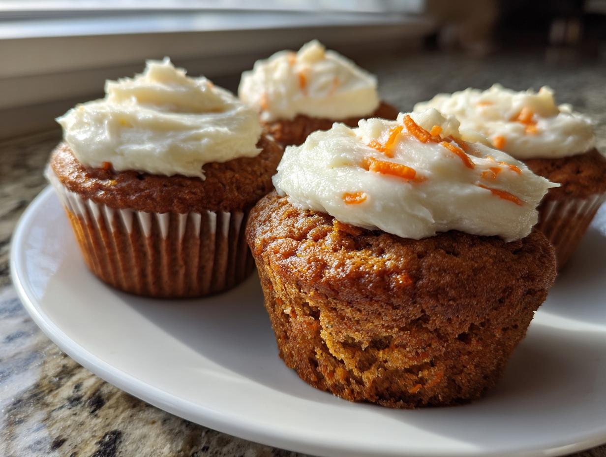 Close-up of four delicious carrot cake muffins topped with cream cheese frosting and shredded carrots.