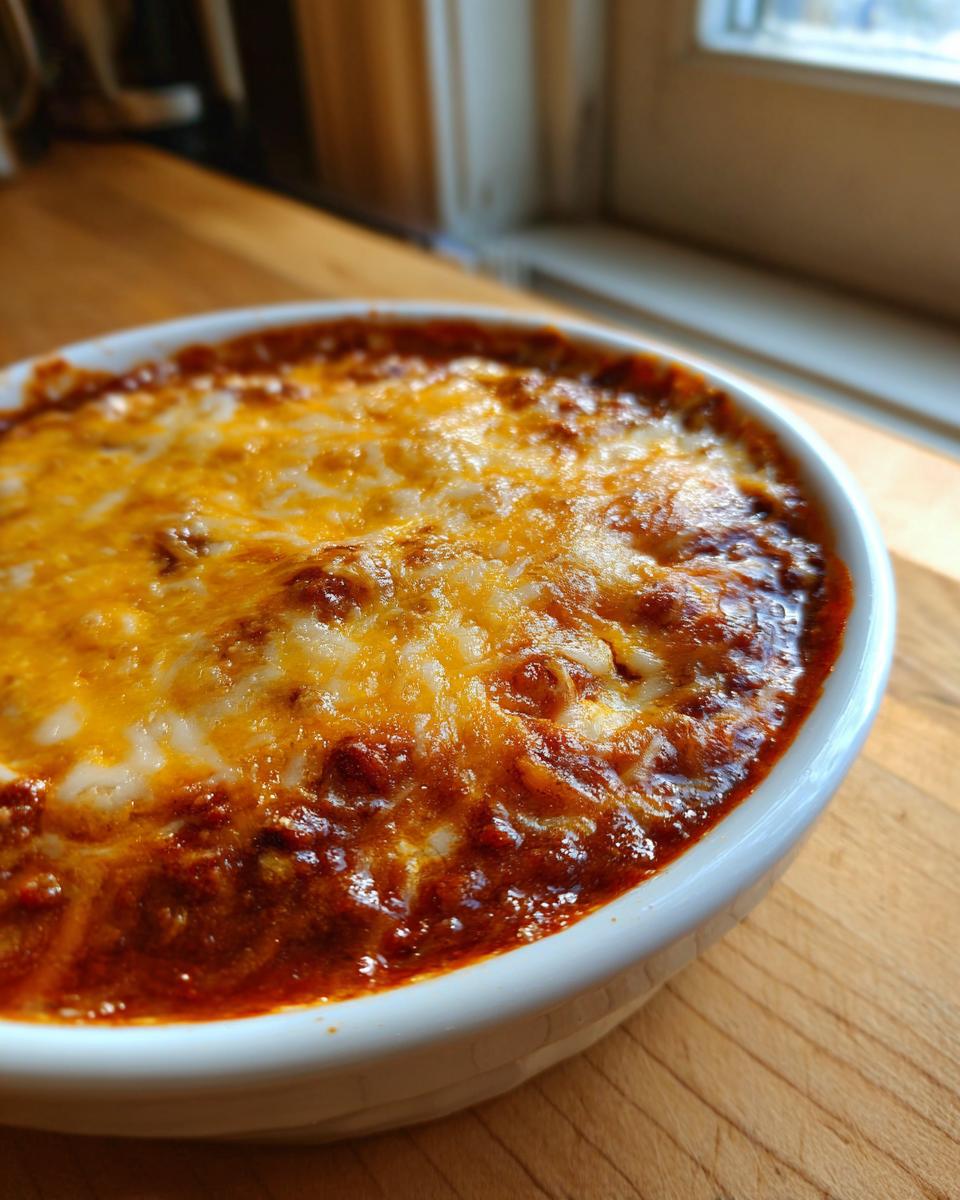 Close-up of bubbling, melted cheese topping on a rich, red chili cheese dip in a white baking dish.
