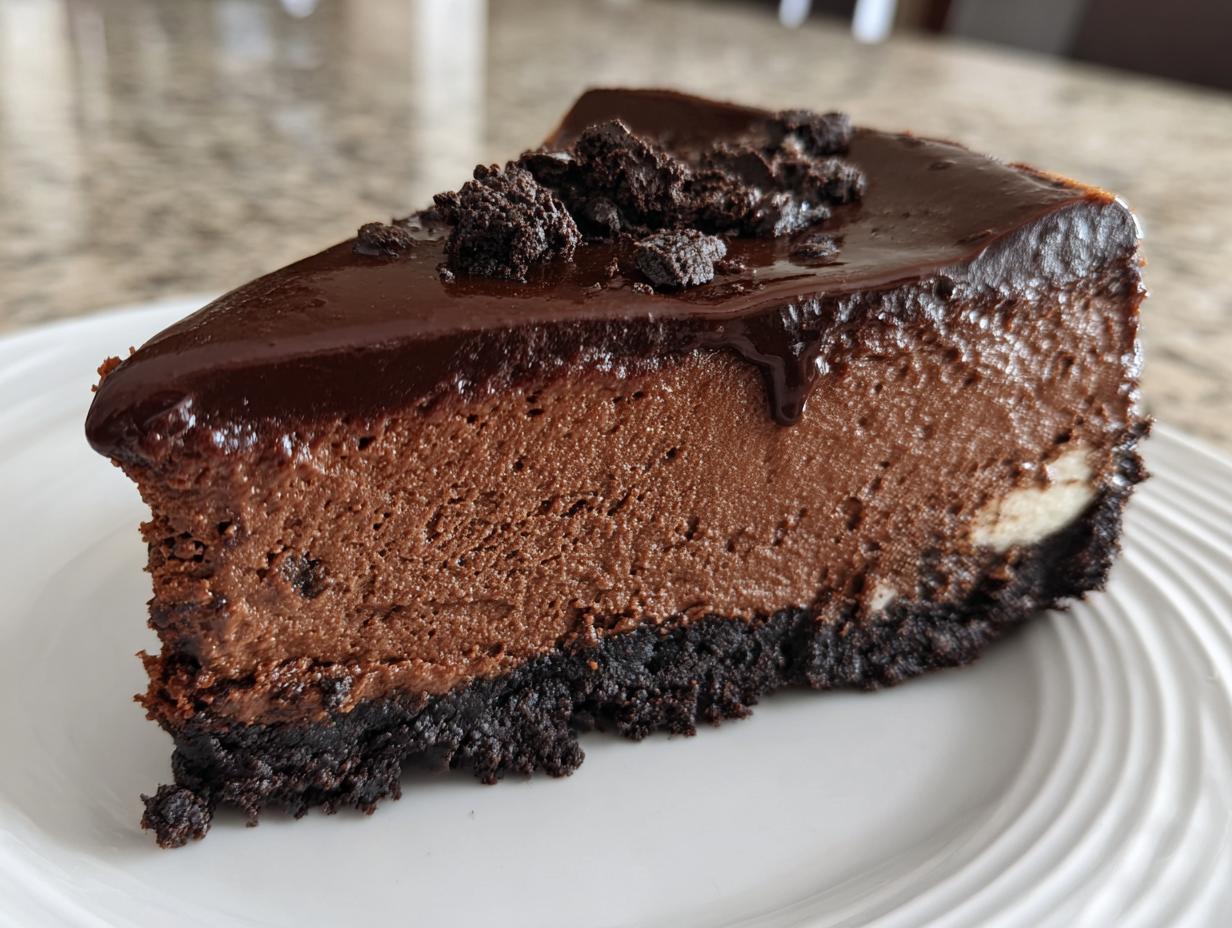 A thick slice of amazing chocolate cheesecake with a dark chocolate ganache topping and cookie crumbs.