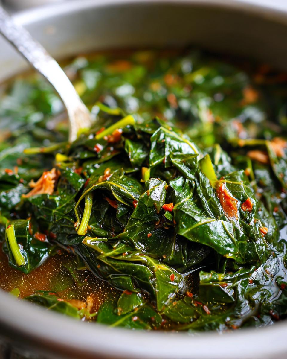 Close-up of tender, slow-cooked collard greens simmering in broth with visible spices, being lifted by a spoon.