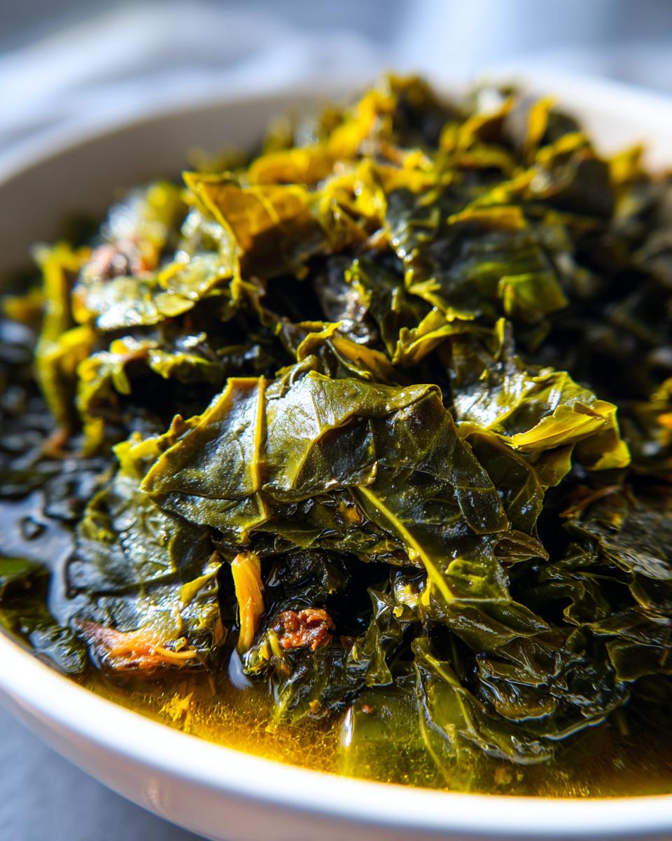 A close-up, vibrant image of tender, dark green collard greens simmering in flavorful pot liquor.