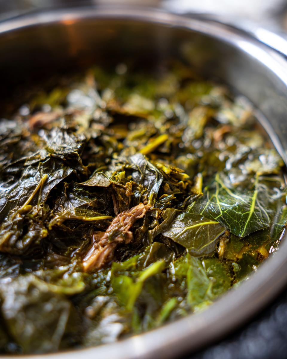 Close-up of tender, dark green collard greens simmering in liquid with a piece of smoked meat.