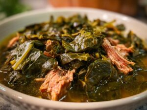Close-up of slow-cooked collard greens served in a bowl with rich broth and shredded smoked meat.