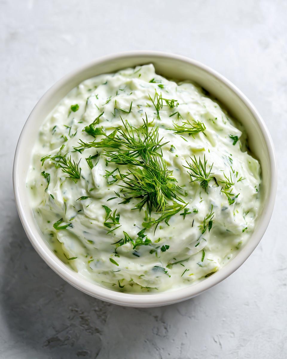 Close-up overhead shot of creamy dill dip topped with fresh dill sprigs in a white bowl.