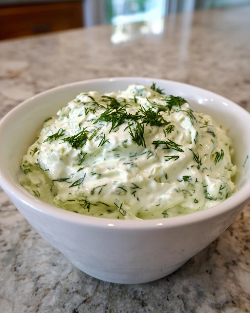 A close-up of a white bowl filled with creamy, bright green dill dip, generously garnished with fresh dill.