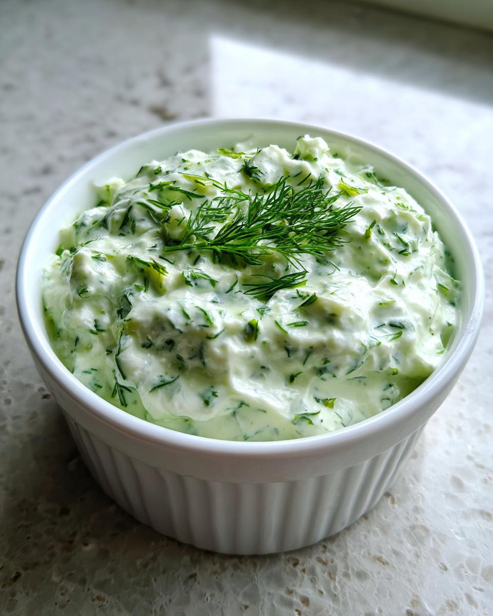 Close-up of creamy, bright green dill dip garnished with fresh dill sprigs in a white bowl.