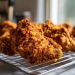 Close-up of a perfectly golden brown, crispy piece of fried chicken resting on a wire cooling rack.