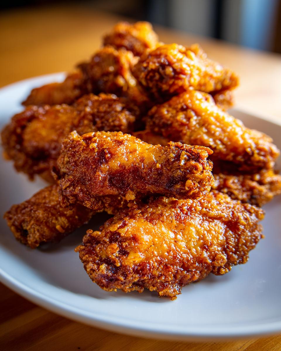 A close-up of a pile of golden-brown, crispy fried chicken wings served on a white plate.