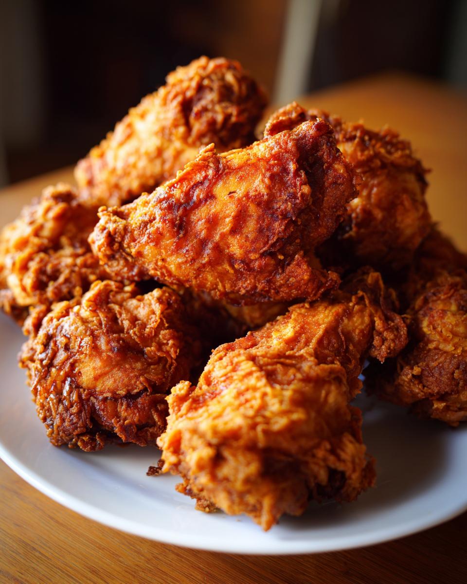 A close-up of a mound of golden-brown, crispy fried chicken wings stacked on a white plate.