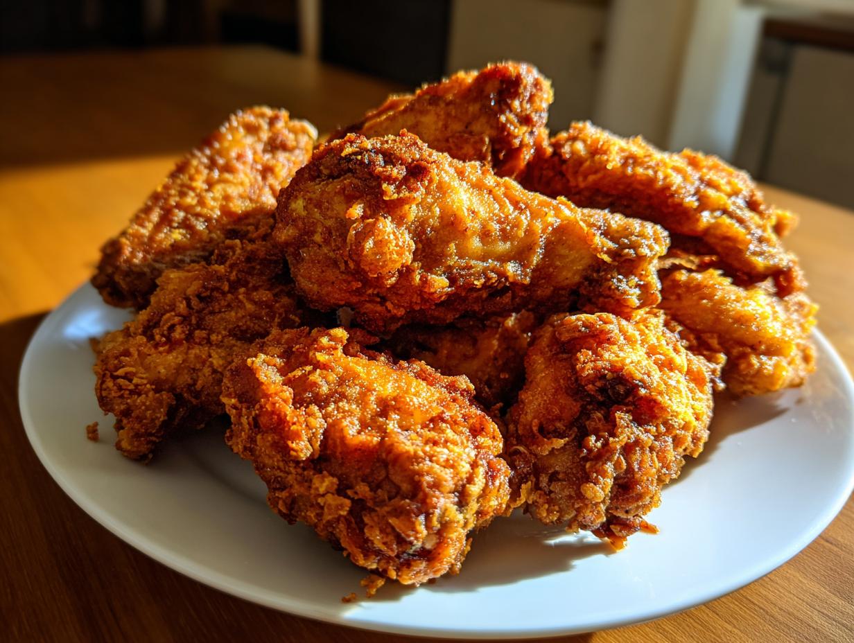 A mound of golden brown, crispy fried chicken wings piled high on a white plate, beautifully lit by sunlight.