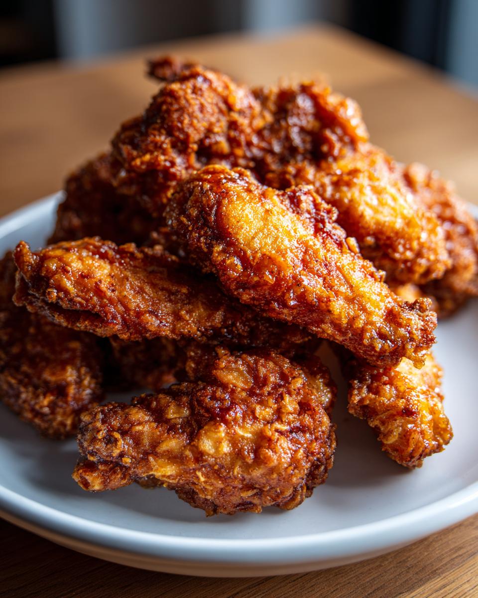 A close-up of a generous pile of golden-brown, crispy fried chicken wings on a white plate.