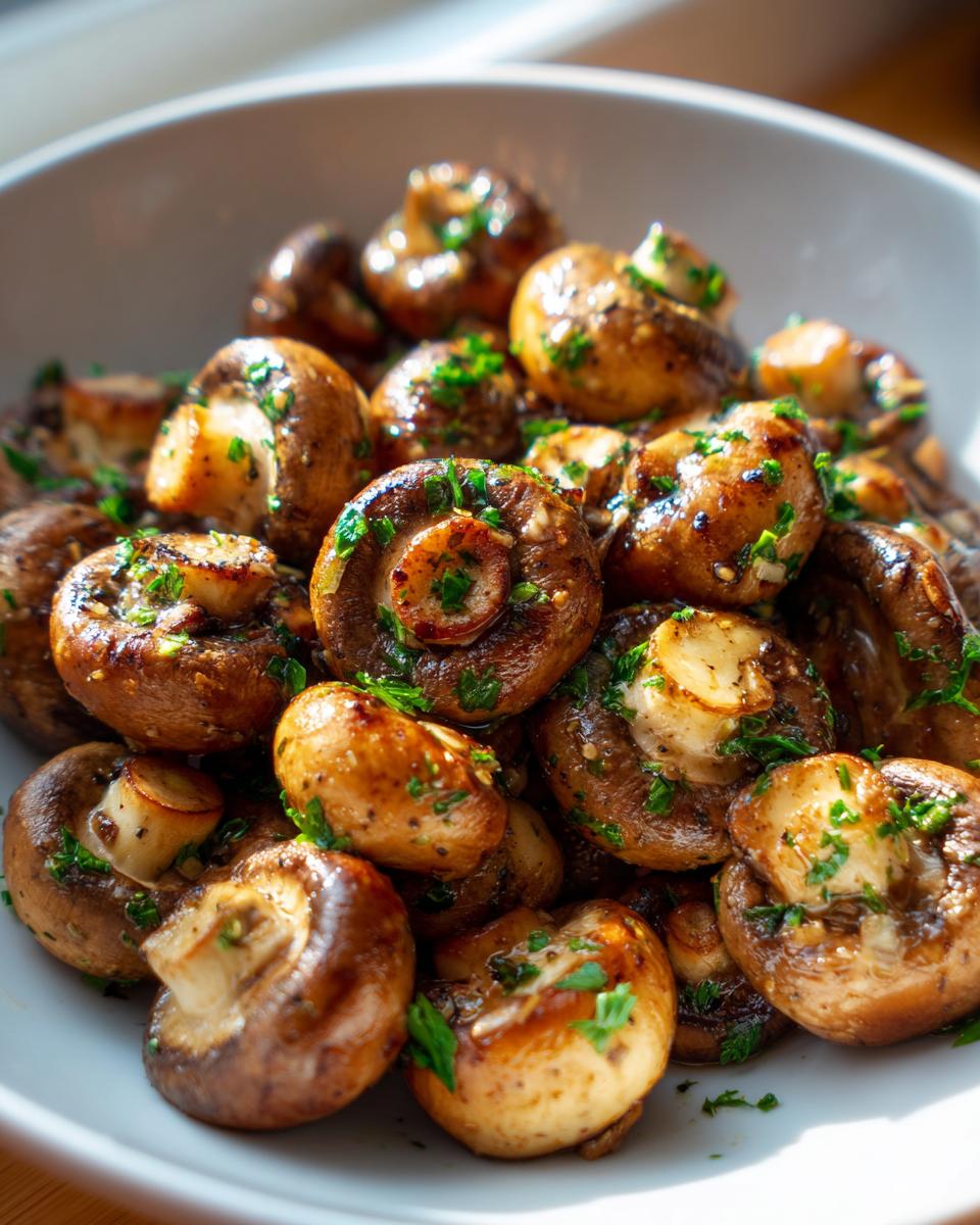 A close-up of sautéed whole mushrooms coated in rich garlic butter and sprinkled with fresh parsley, ready to eat.
