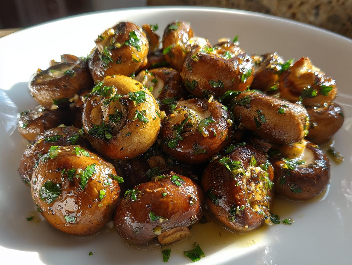 A close-up of sautéed Garlic Butter Mushrooms glistening in sauce and topped with fresh parsley on a white plate.