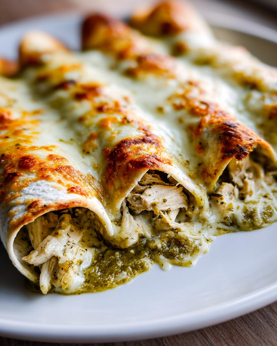 Close-up of three baked green chile chicken enchiladas smothered in melted, slightly browned cheese.