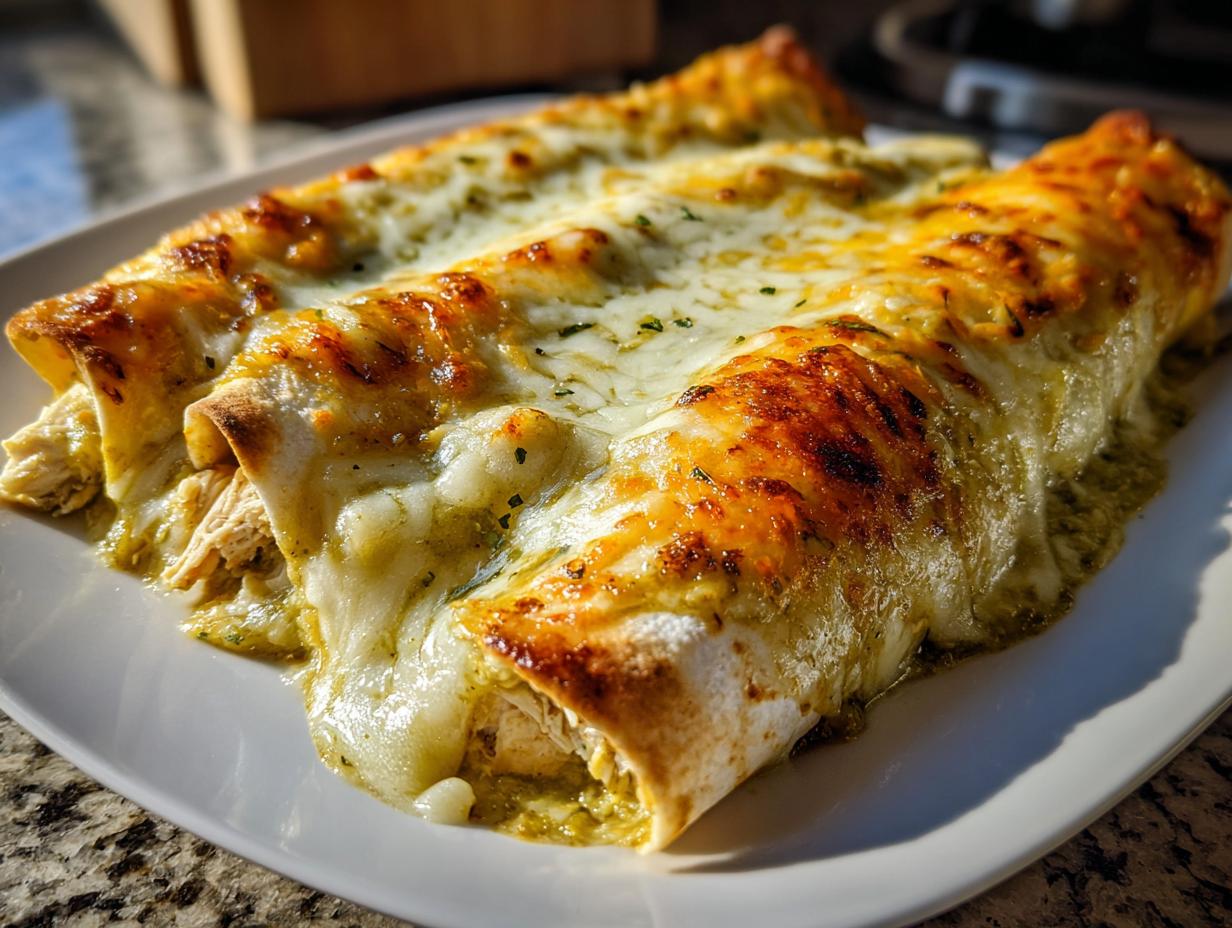 Close-up of three baked green chile chicken enchiladas covered in melted, slightly browned cheese.