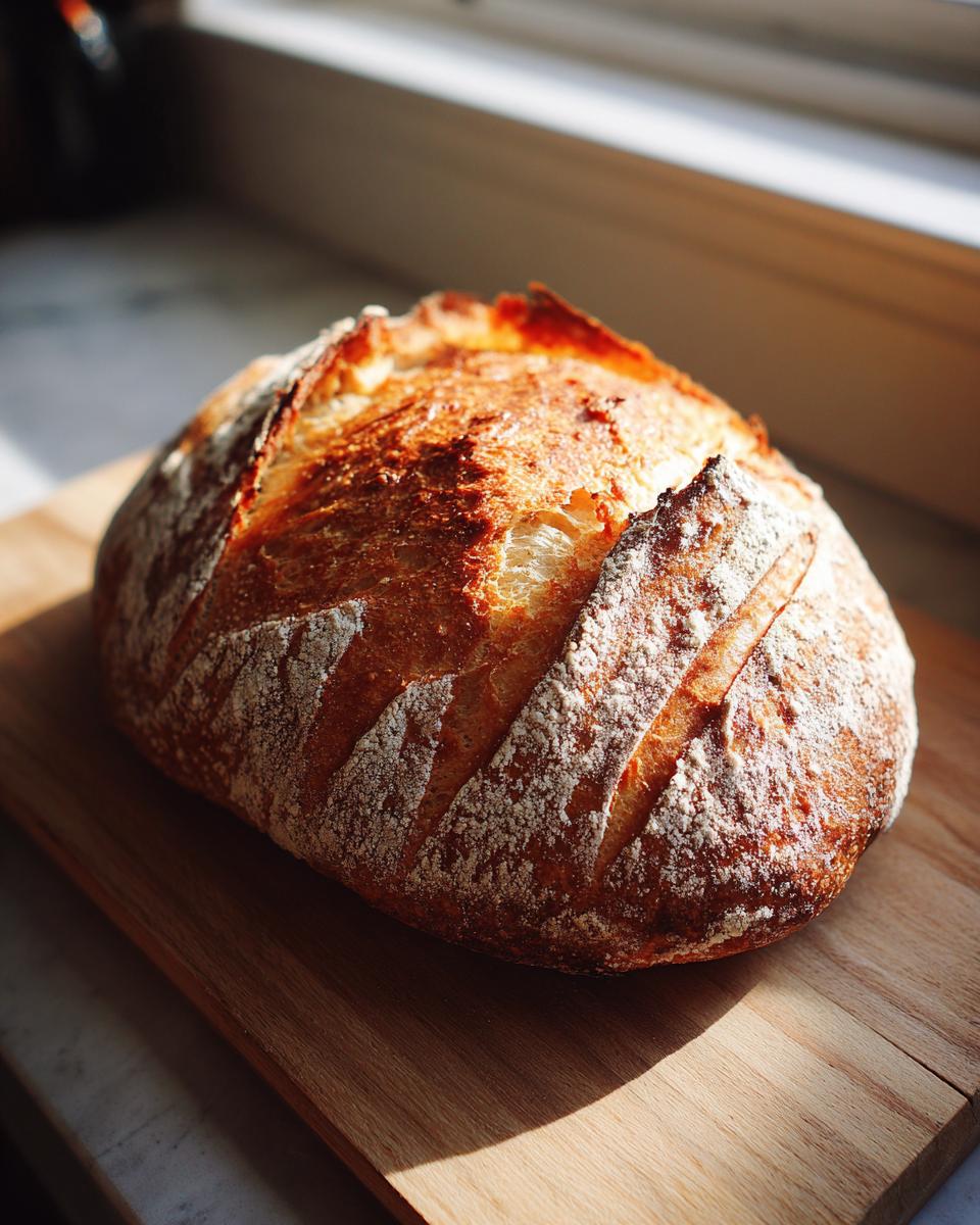 A beautifully baked, crusty loaf of Italian bread dusted with flour, sitting on a wooden cutting board near a window.