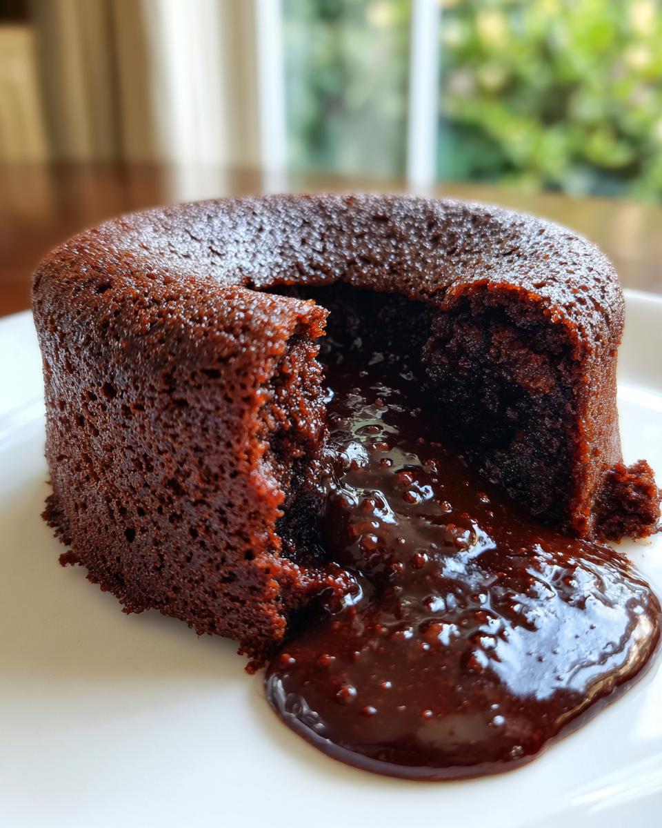 Close-up of a freshly baked chocolate lava cake with molten chocolate flowing out onto a white plate.