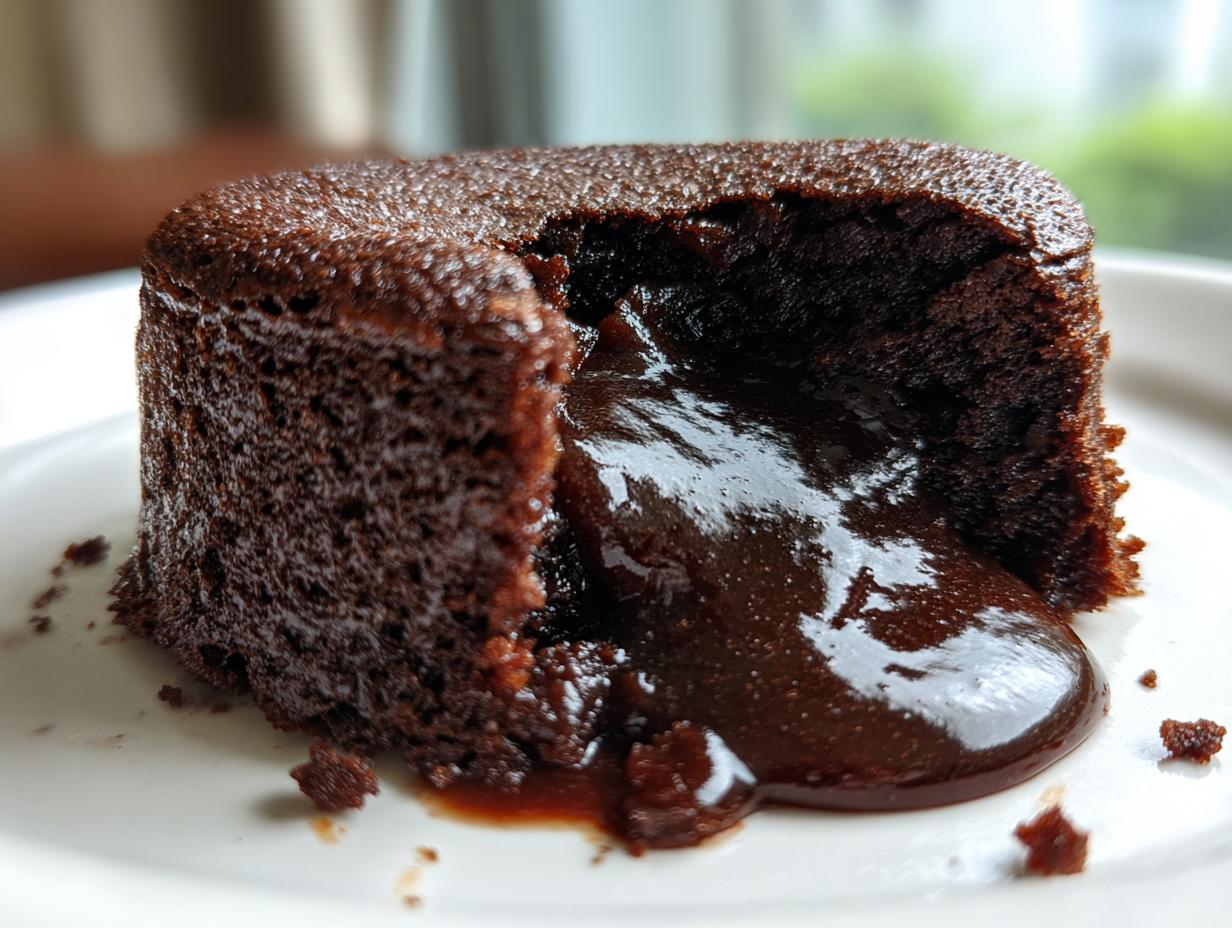 Close-up of a freshly baked chocolate lava cake with the molten center oozing out onto a white plate.