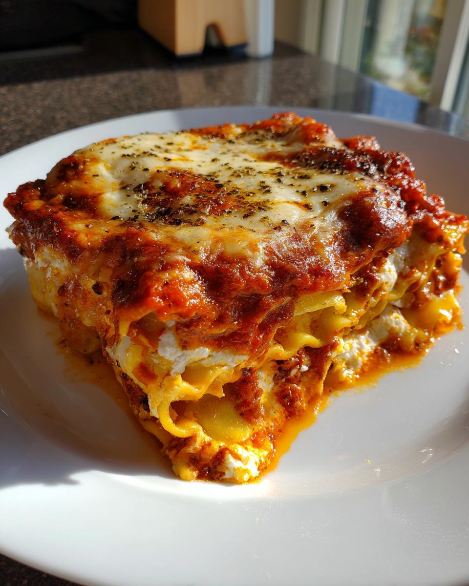 A close-up of a cheesy, saucy slice of lazy lasagna served on a white plate.