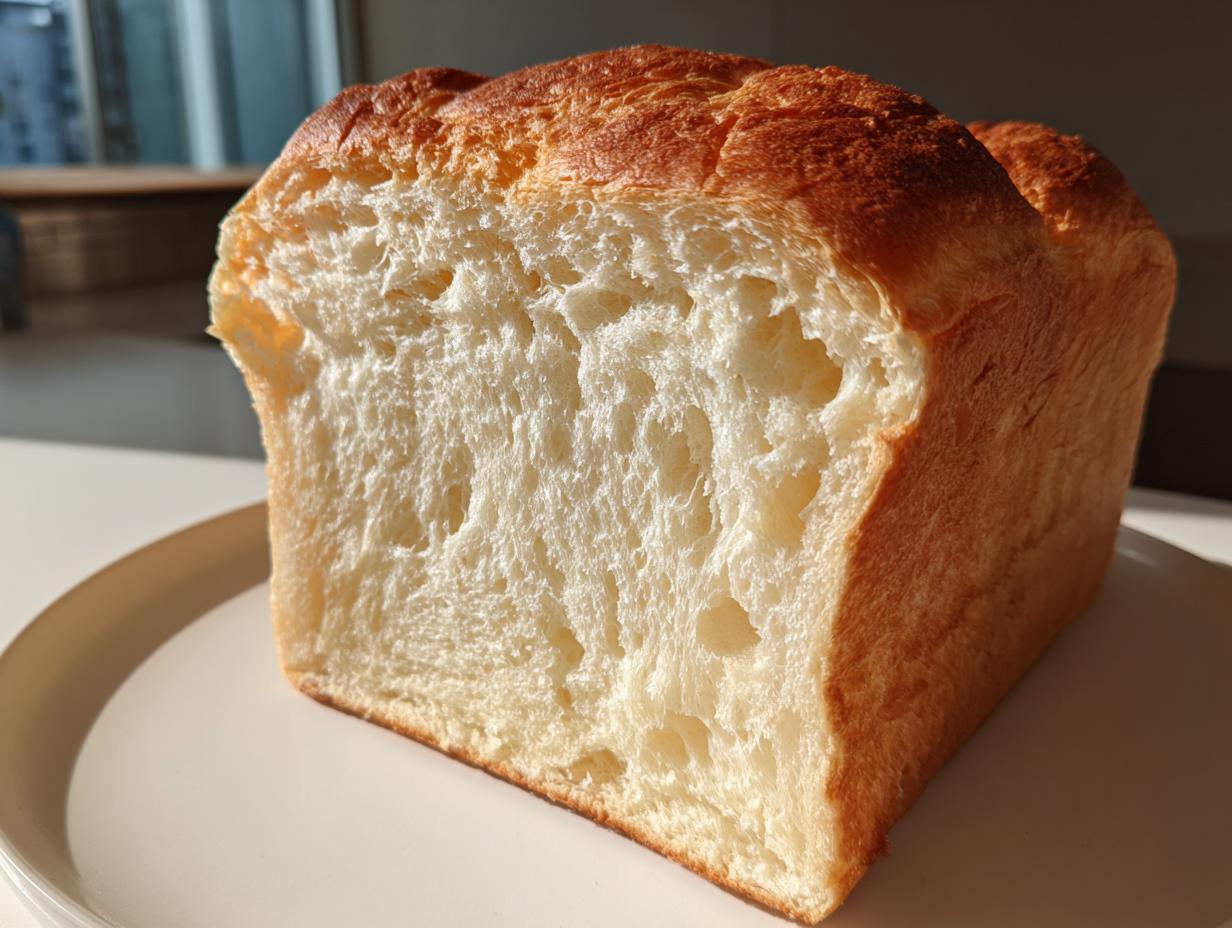 Close-up of a freshly baked milk bread loaf showing its incredibly soft, fluffy white crumb and golden crust.