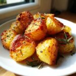 Close-up of golden brown, crispy oven roasted potatoes seasoned with pepper and garnished with fresh rosemary sprigs.