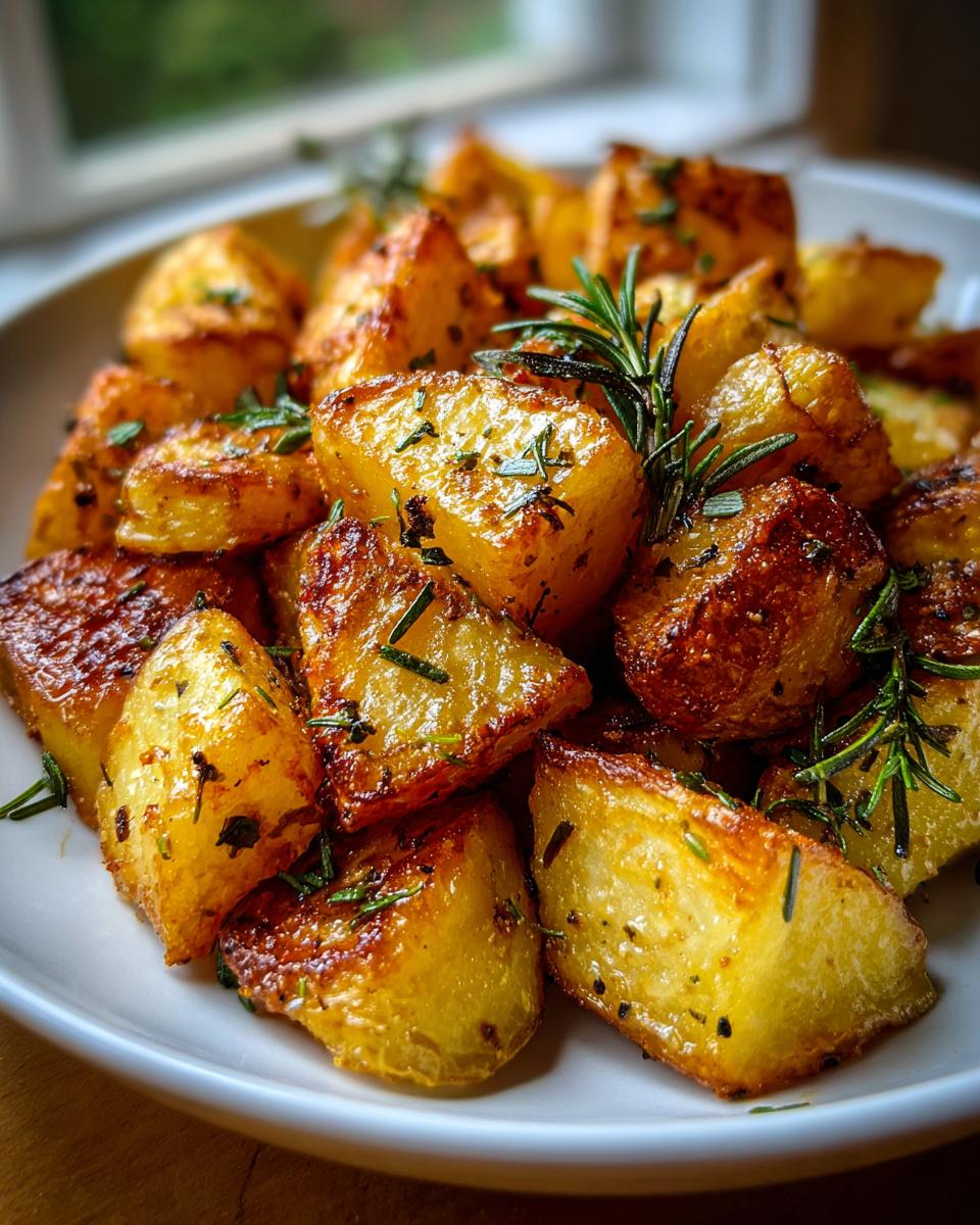 Close-up of perfectly golden and crispy oven roasted potatoes seasoned with herbs and fresh rosemary.
