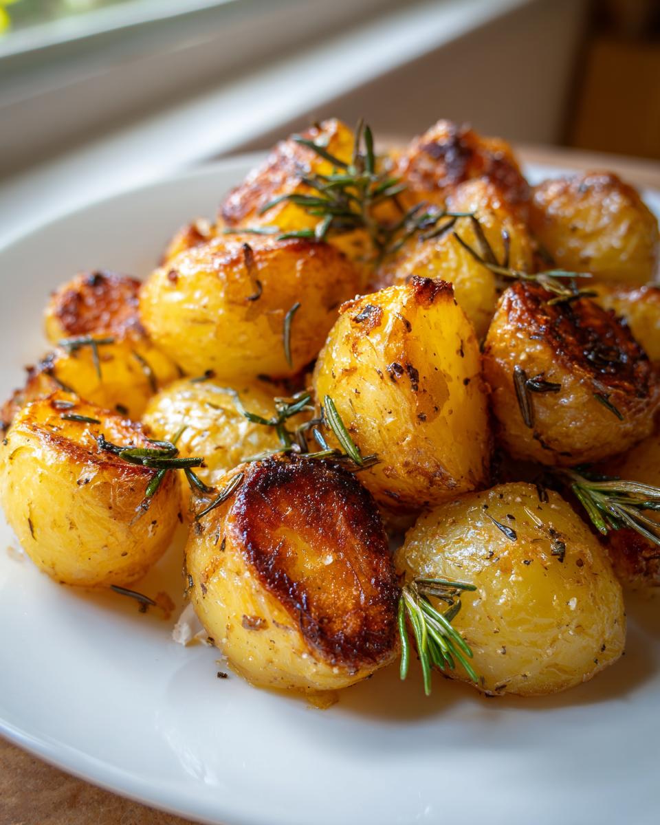 Close-up of golden brown, crispy oven roasted potatoes seasoned with fresh rosemary sprigs.