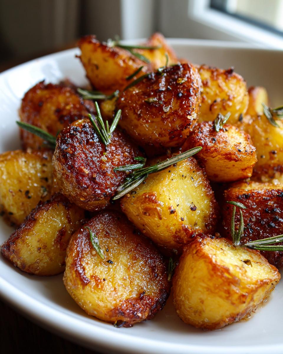Close-up of perfectly golden and crispy oven roasted potatoes seasoned with black pepper and fresh rosemary sprigs.