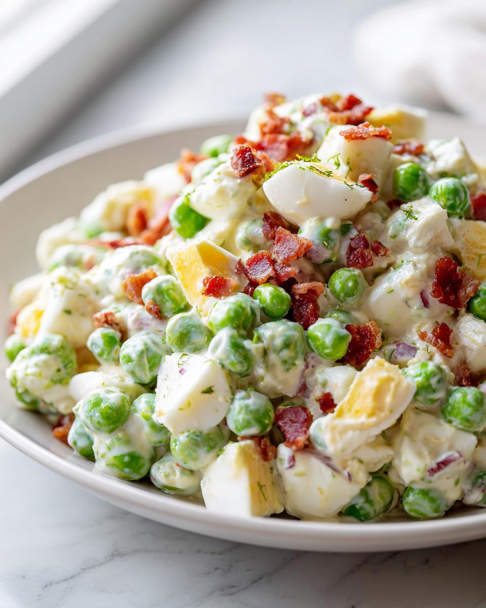 Close-up of a creamy pea salad mixed with chopped hard-boiled eggs and topped generously with crispy bacon bits.