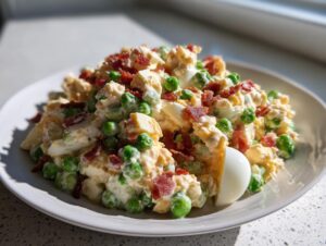 A mound of creamy pea salad mixed with chopped eggs and topped generously with crispy bacon bits, served on a white plate.