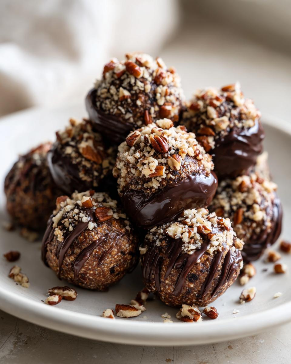 A stack of decadent pecan pie balls dipped in chocolate and topped with chopped pecans.