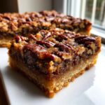A close-up shot of a thick, gooey, and nutty pecan pie bars square sitting on a white plate.