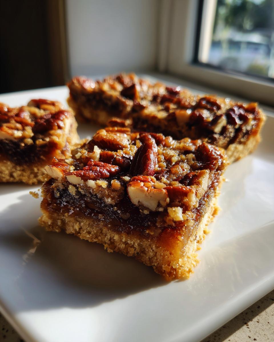 Close-up of a square slice of amazing pecan pie bars showing a thick, crumbly shortbread crust and a gooey pecan topping.