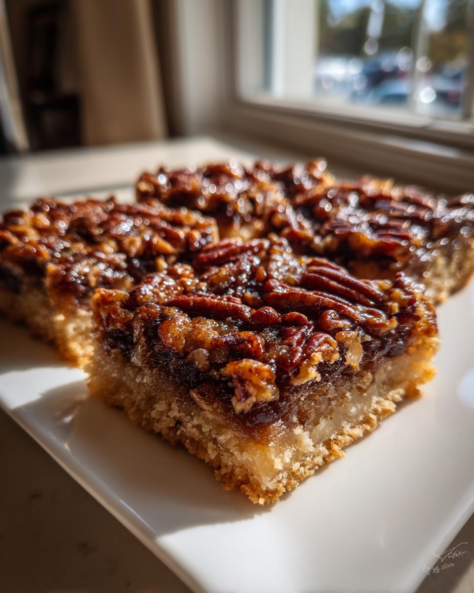 Close-up of three rich, gooey pecan pie bars with a thick shortbread crust, sitting on a white plate in natural light.