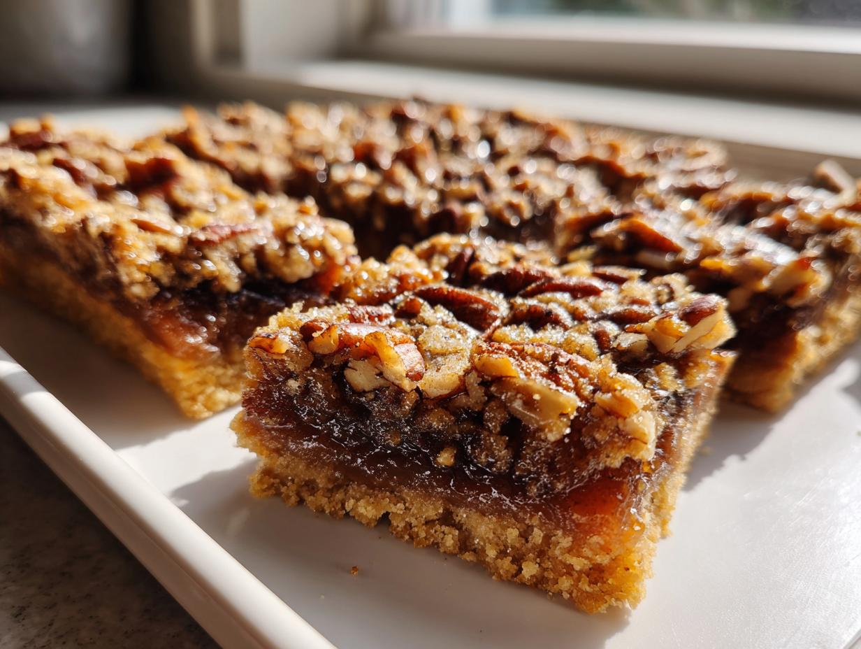 Close-up of a freshly cut square of amazing pecan pie bars showing the thick, gooey filling and crunchy pecan topping.