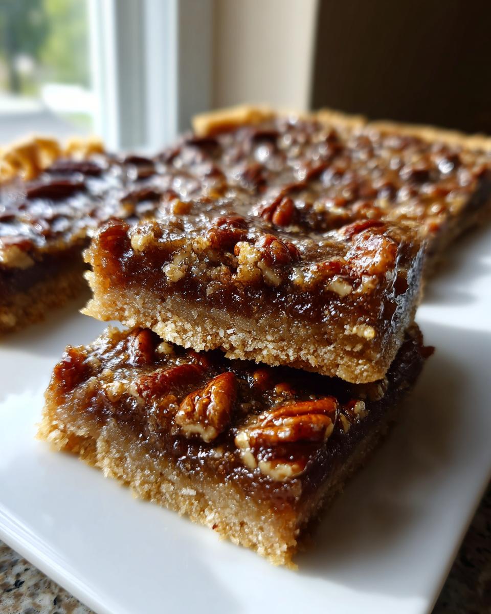 Two stacked squares of gooey, caramelized pecan pie bars with a thick shortbread crust, ready to eat.