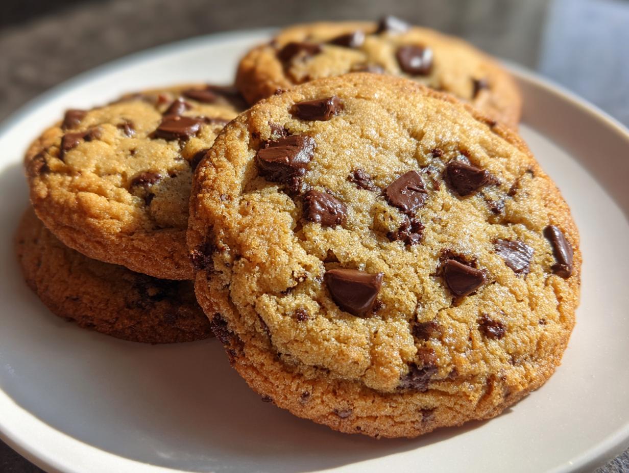 A stack of four delicious, thick pudding cookies loaded with melted chocolate chips resting on a light plate.