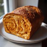 A loaf of golden-brown pumpkin sourdough bread, sliced to show its moist, swirling orange crumb texture.