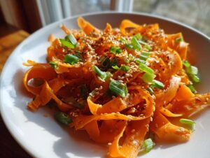 Close-up of a vibrant raw carrot salad made with shaved carrot ribbons, topped with sesame seeds and chopped green onions.