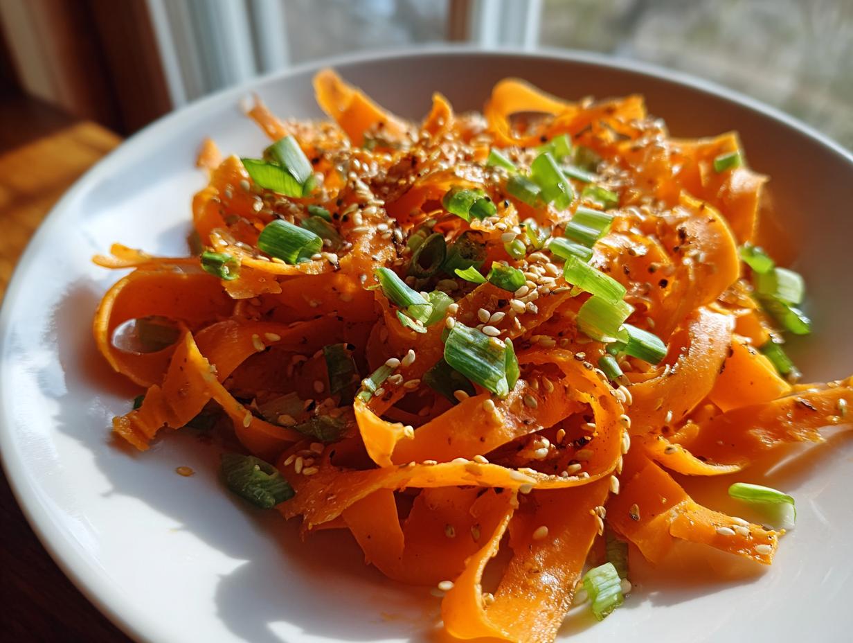 Close-up of a vibrant raw carrot salad made with shaved carrot ribbons, topped with sesame seeds and chopped green onions.