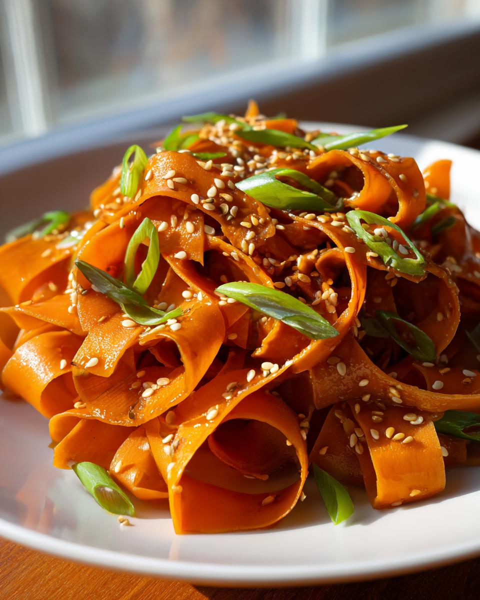 Close-up of a vibrant raw carrot salad made with shaved carrot ribbons, topped with sesame seeds and sliced green onions.