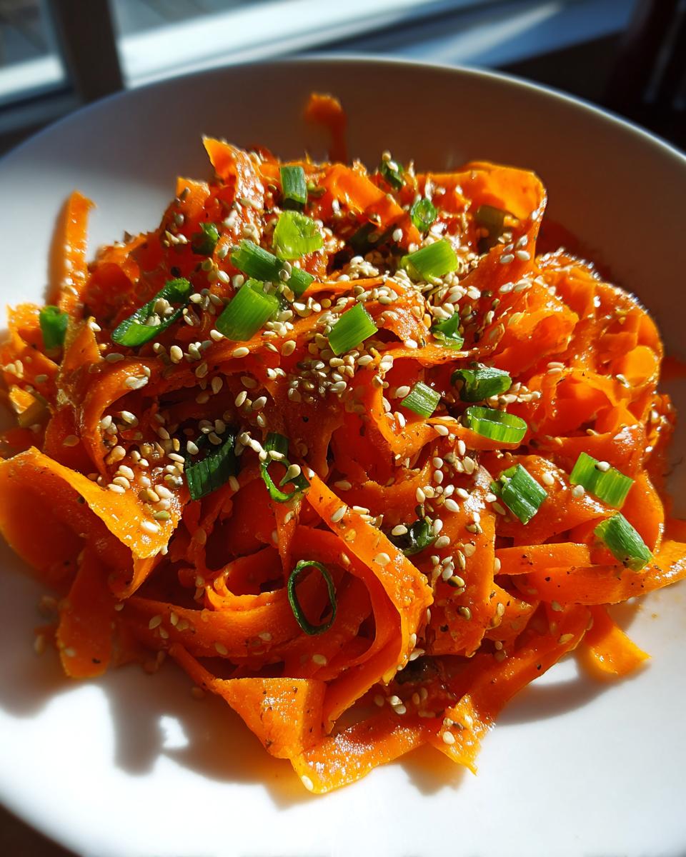 Close-up of a vibrant raw carrot salad made with shaved carrot ribbons, topped with toasted sesame seeds and chopped green onions.